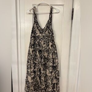 Tracy Reese Silk dress Ivory /Black Drop Waist Belted V -Neck Sleeveless, Size 1